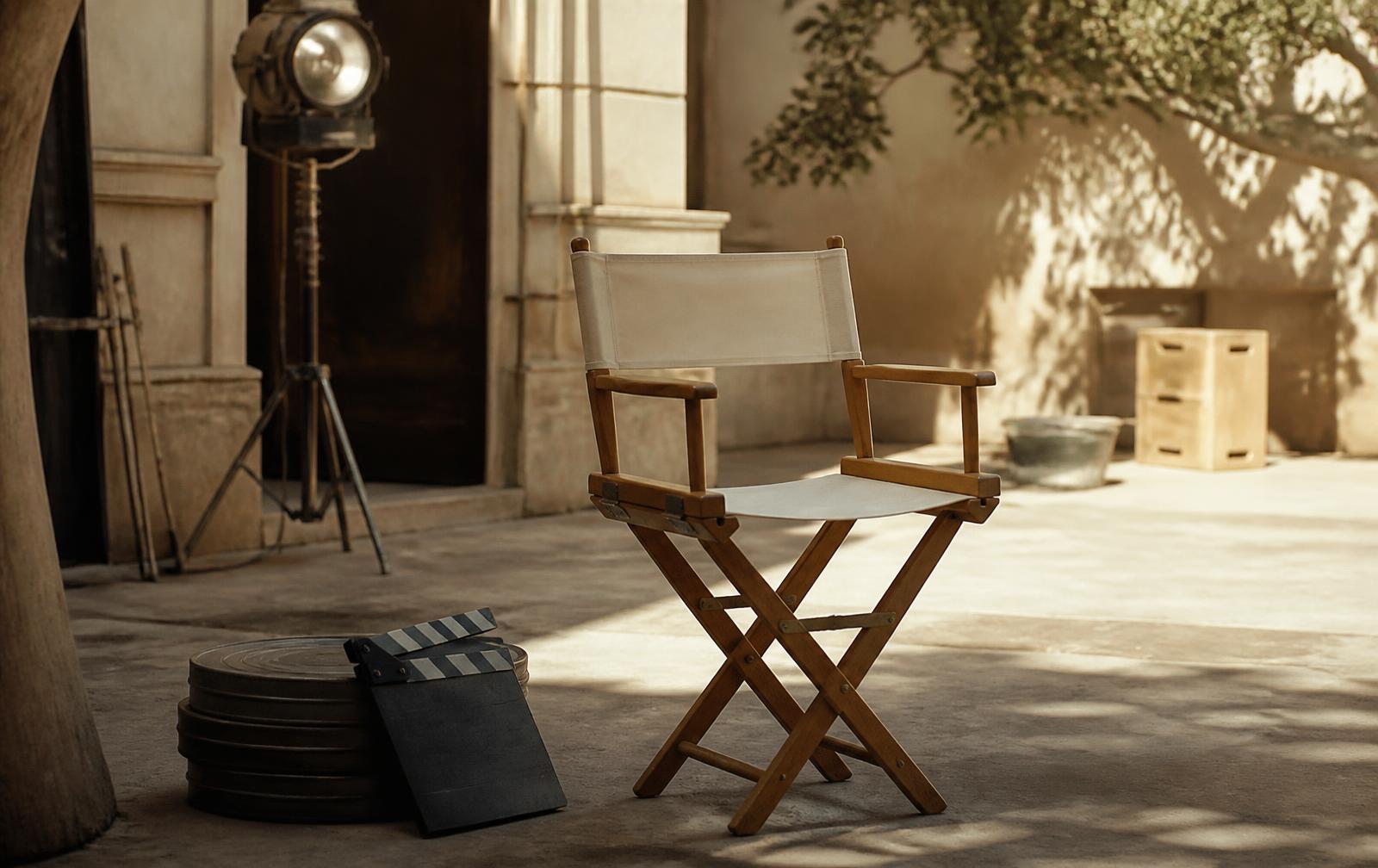 An empty director's chair, film reels and a clapperboard on a sunlit backlot